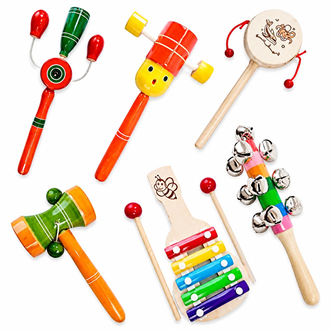 Little Mind Wooden Hand Crafted Rattle & Musical Instrument Set For Babies 0+ Months | Non Toxic Finish | Infant Sound Toys With