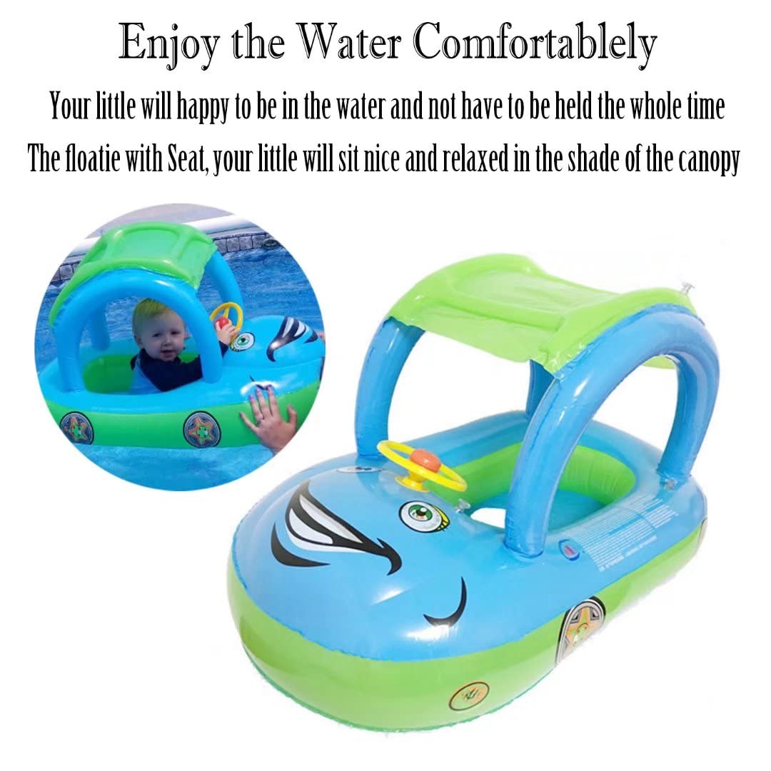 Baby Pool Float With Canopy Summer Steering Wheel Sunshade Swim Ring Car Inflatable Toys Infants Float Seat Boat For Kids Toddlers (Color Blue)