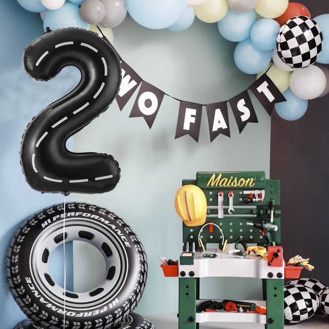Race Car Number 2 Balloons,40 Inch Racing Car 2 Birthday Balloons Two Fast Balloon Race Track Black 2 Balloon Number For Cars Theme Birthday Party