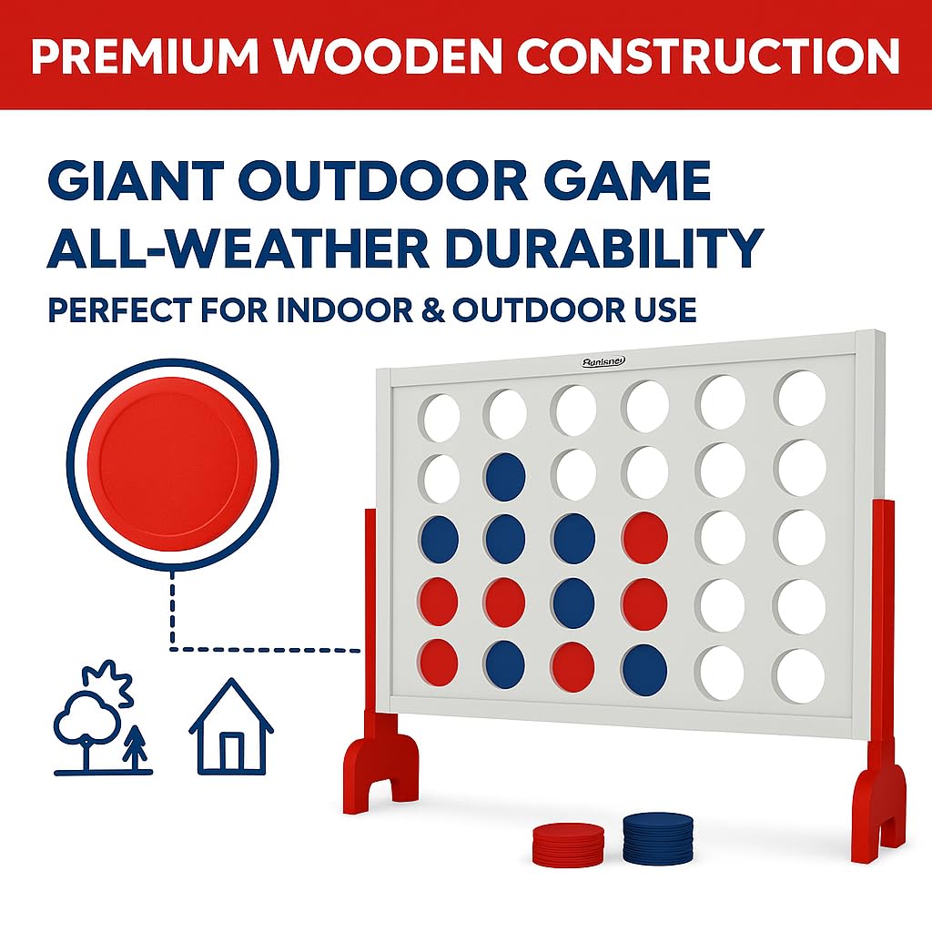 Bolaball Giant Wooden 4-In-A-Row Game - 4Ft Jumbo Connect Game For Kids & Adults, Indoor & Outdoor Fun, Durable Design For Famil