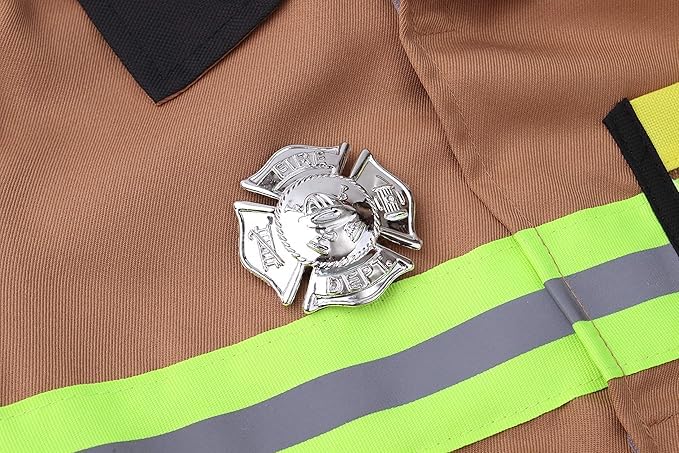 Yolsun Tan Fireman Costume For Kids, Boys' And Girls' Firefighter Dress Up (7 Pcs) 8-9 Years