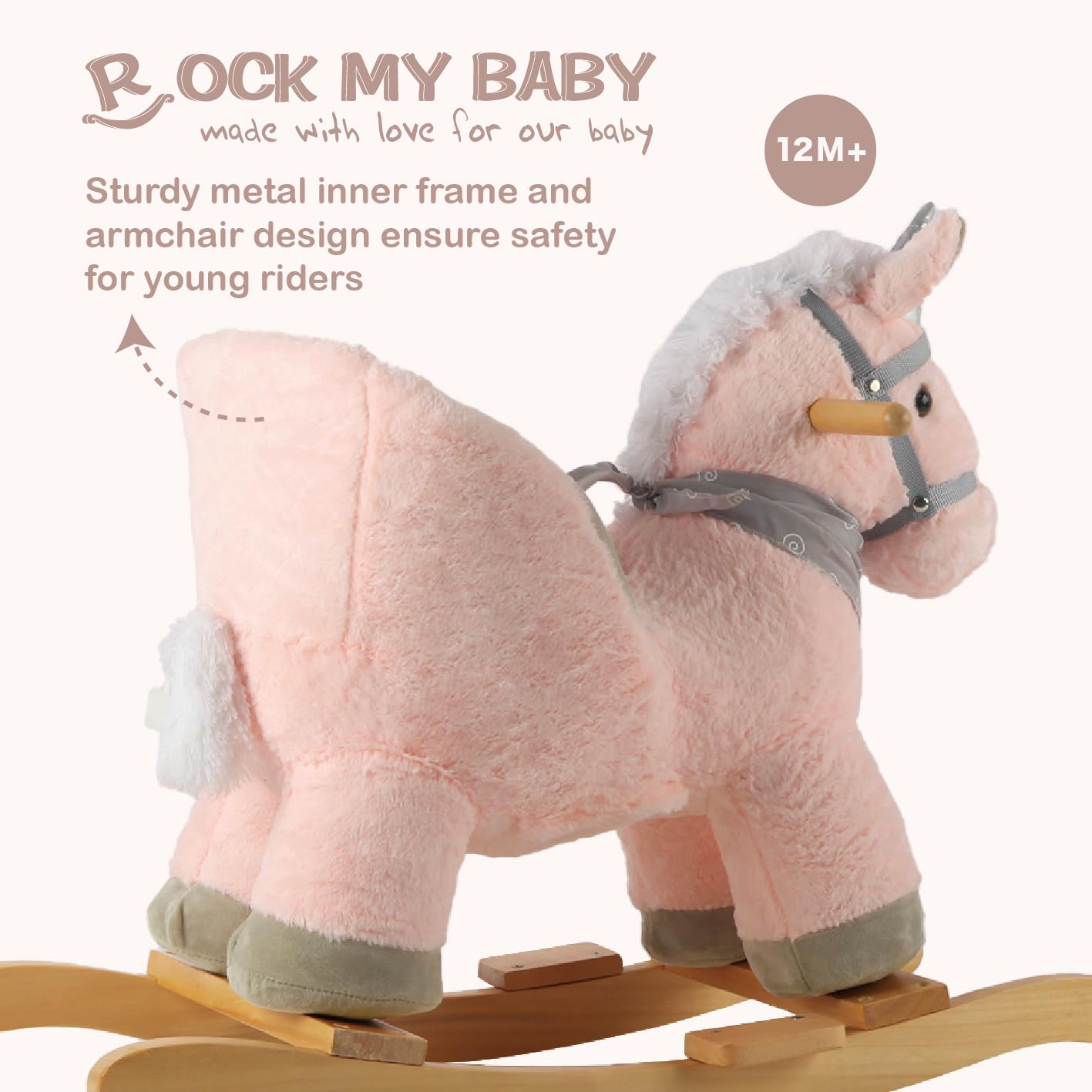 Rock My Baby Rocking Horse With Chair, Pink Unicorn Pony Rocker With Realistic Unicorn Music. Rocking Animal. Wooden Rocking Hor
