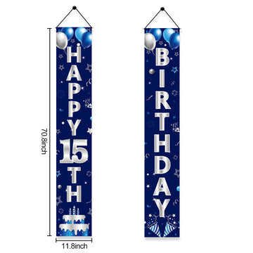 Turypaty Blue Silver 15Th Birthday Door Banner Decorations, Happy 15 Birthday Party Porch Sign Supplies For Boys, Sweet 15 Year