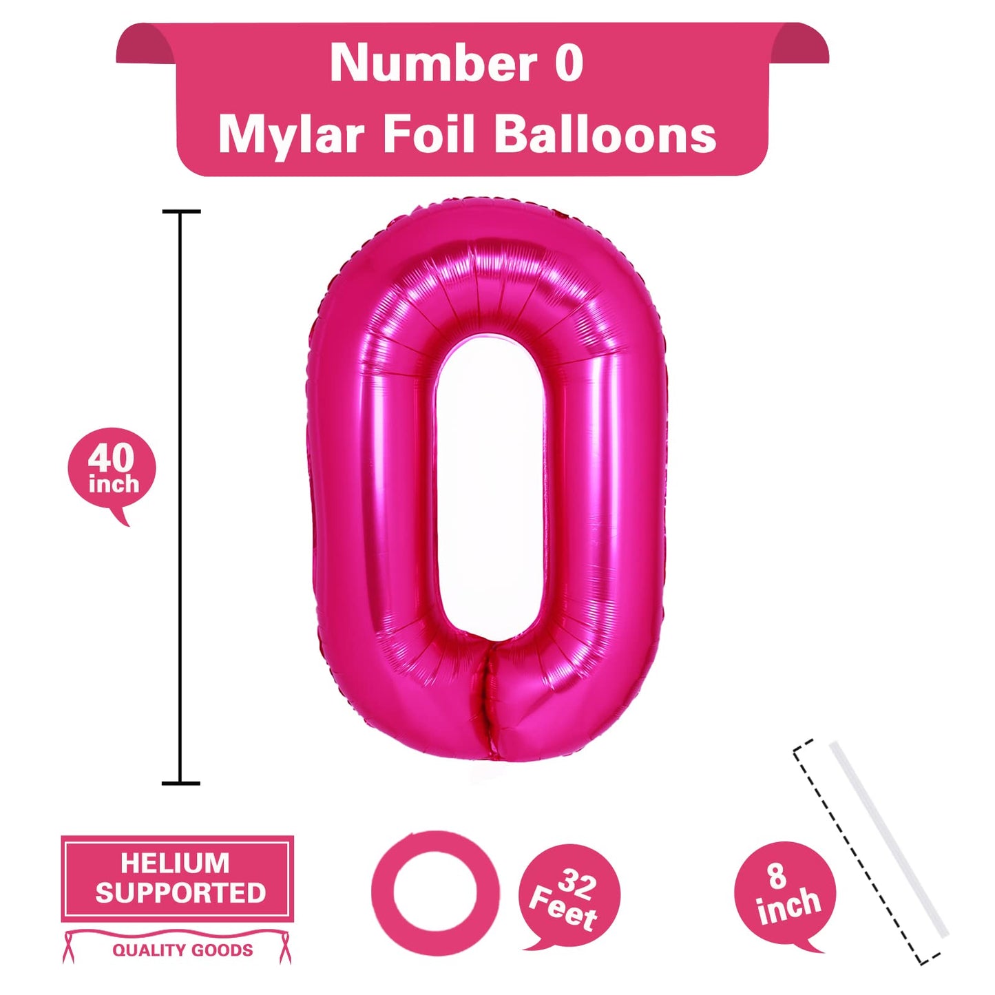 40 Inch Giant Hot Pink Number 0 Balloon, Helium Mylar Foil Number Balloons For Birthday Party, 0 Balloon Birthday Decorations Fo