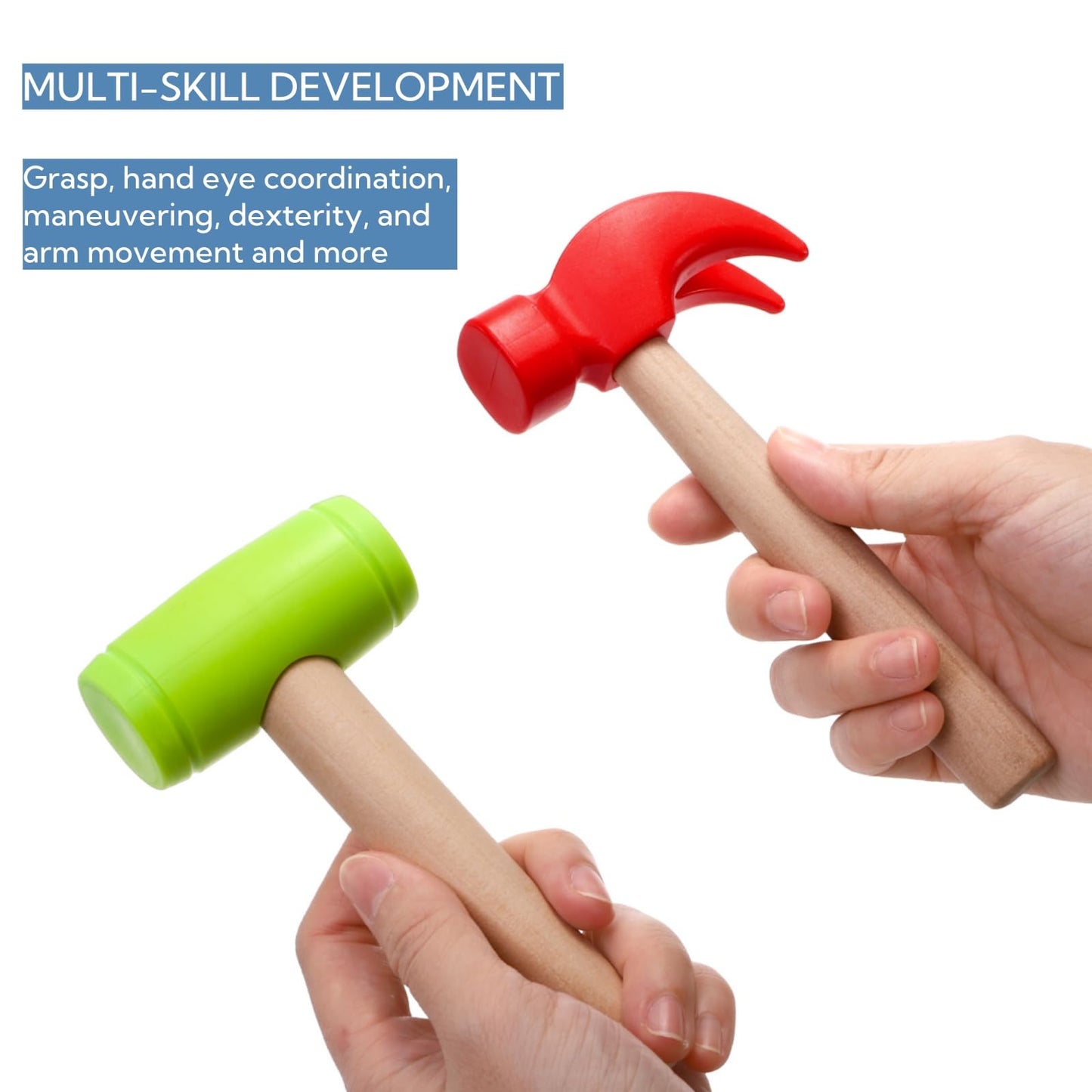 Nagpew Kids Hammer Toy Set - 10 Pack Wooden Simulation Tools, 6.3" Red & 5.7" Green, Educational Pretend Play for Boys & Girls