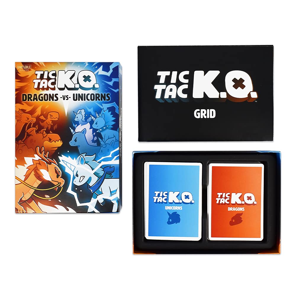 Unstable Games Tic Tac K.O. - Dragons vs. Unicorns Card Game for 2-4 Players - Quick-to-learn, Cardboard, Black - Model 63383