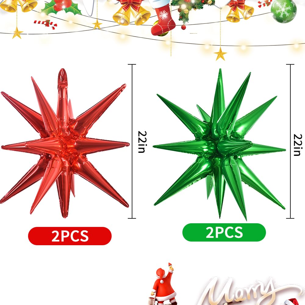 TONIFUL 4 Pcs 22inch 4D Red Green Explosion Star Mylar Balloons 14Point Star Balloons for Party Decorations Backdrop Christmas,N