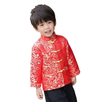 Little Boys Dragon Tang Coat Long Sleeve Chinese Clothing Children Costumes Boy Jackets Outfit Tops (Red, 12)