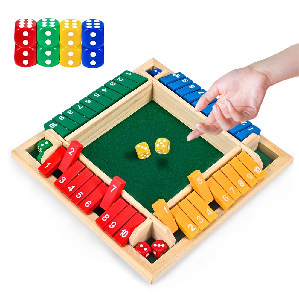 Cretvis 1-4 Players Shut The Box Dice Game, 10 Numbers Traditional Wooden Pub Bar Board Family Table Mat Game Dice For Kids And