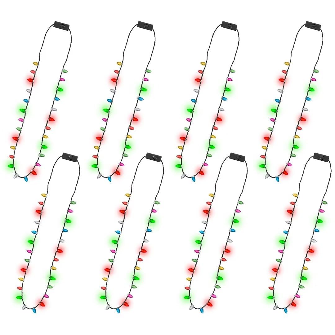 Christmas Necklace Accessories, 8Pcs Light Up Christmas Necklaces, Glow Christmas Bulb Necklaces Boys Girls, 3 Modes Colorful Li