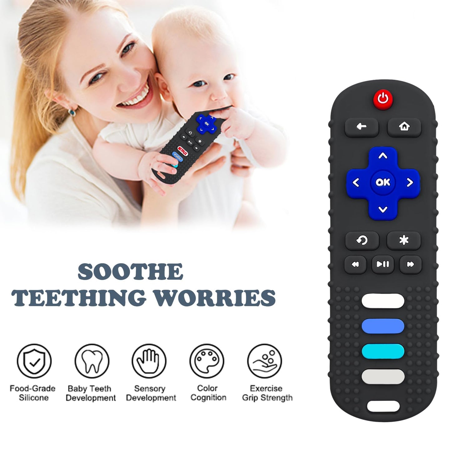 Yapromo Babay Teething Toys,Reomte Teether Toys, Silicone Chew Toy For Babies 18+ Months, Remote Control Shape Teething Toys, Early Educational Toy Bpa Free & Refrigerator Safe (Black&Beige)