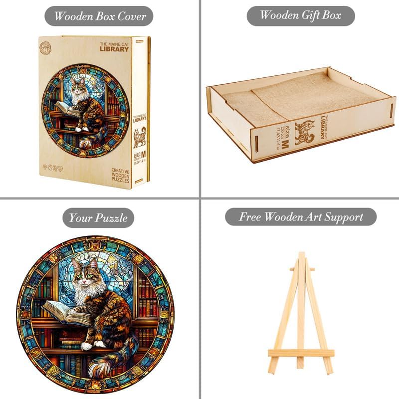 Jigfoxy Wooden Puzzle for mature-themeds Maine Cat Wooden Jigsaw Puzzles for mature-themed  Unique Animal Shape Wood Cut Puzzles  Christmas Thanksgiving Gifts for Friends Family (M-11.4 * 11.4in-200pcs)