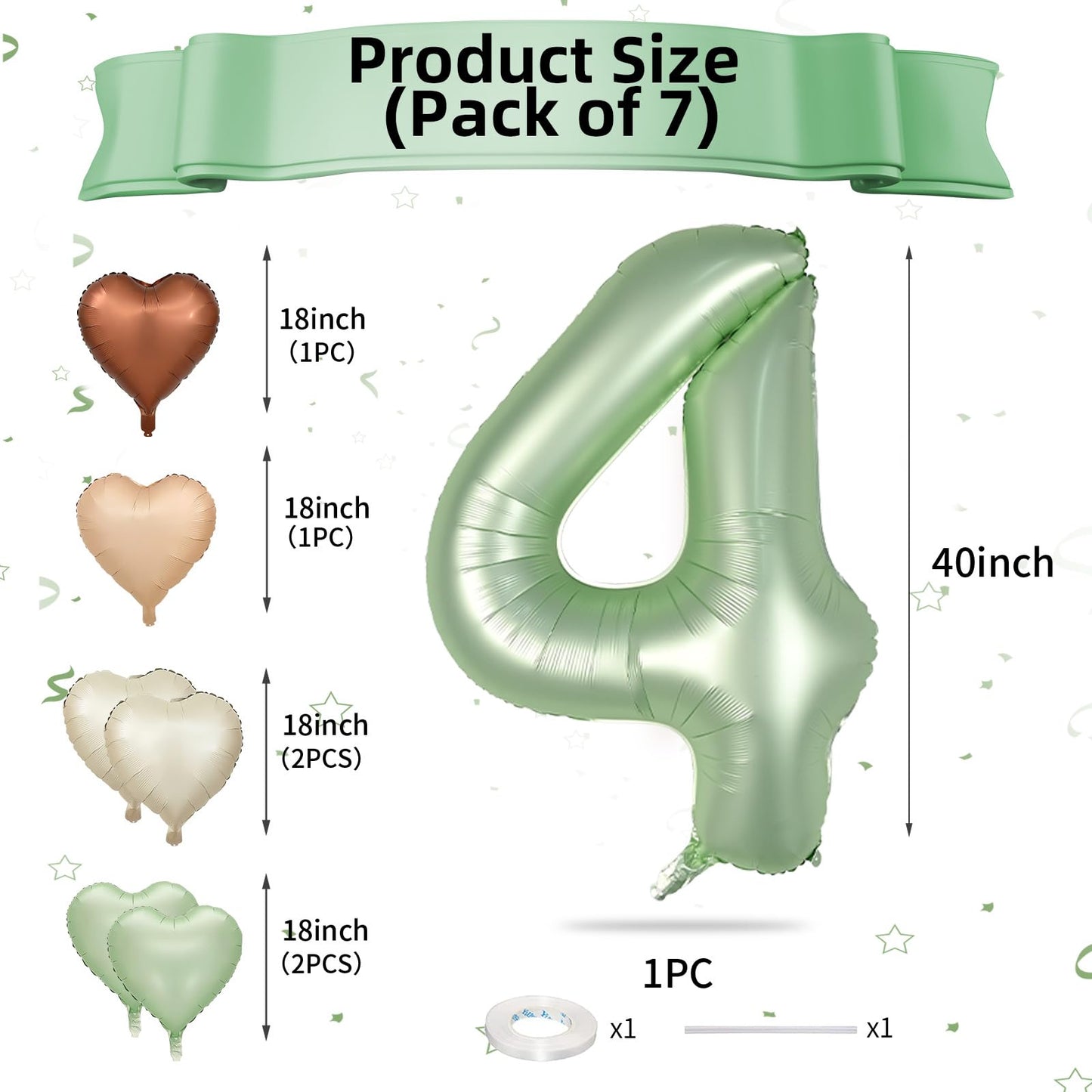 Biapian 40 Inch Sage Green Number 4 Balloons, Large 4Th Birthday Balloons With 18'' Foil Cream Brown Heart Balloon For 4Th Year