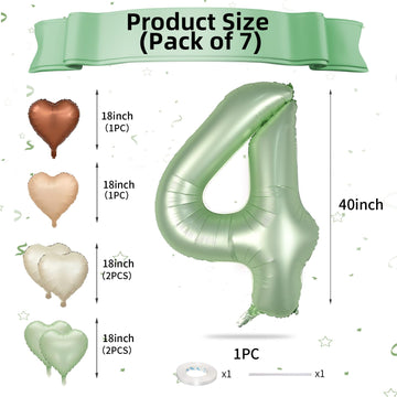 Biapian 40 Inch Sage Green Number 4 Balloons, Large 4Th Birthday Balloons With 18'' Foil Cream Brown Heart Balloon For 4Th Year