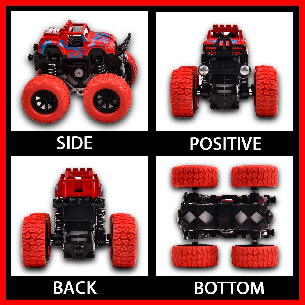Monster Trucks for Boys, 4 Pack Pull Back Vehicles Cars for Toddlers, 360 Rotation 4 Wheels Drive Durable Friction Cars Powered