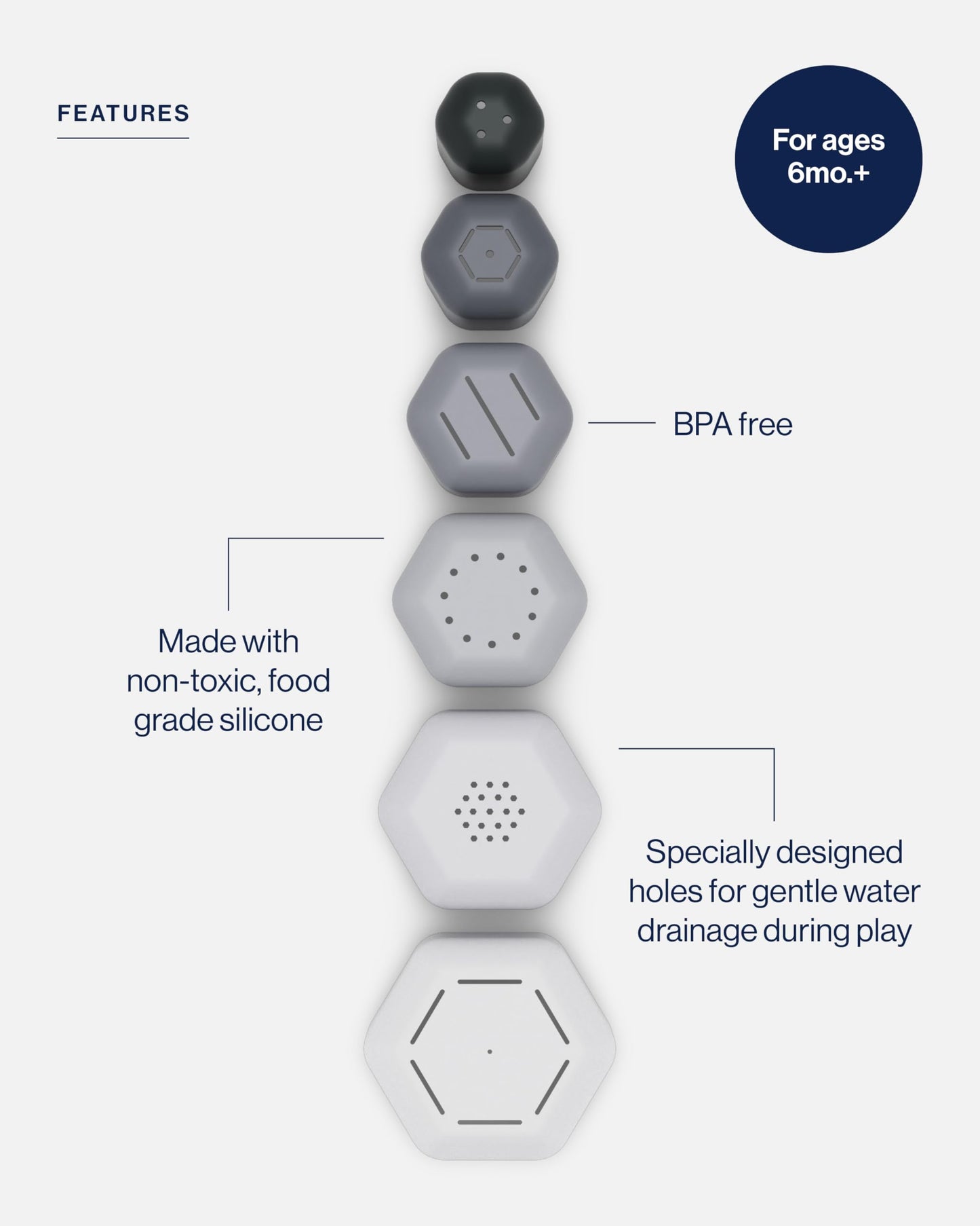 Lalo Stacking Cups - Baby and Toddler Stacking Cups for Bath Time  6 Nesting Cups with Openings - Non-Toxic  BPA-Free Silicone Bath Toy  Easy to Clean for 6 Months And Up - B&W