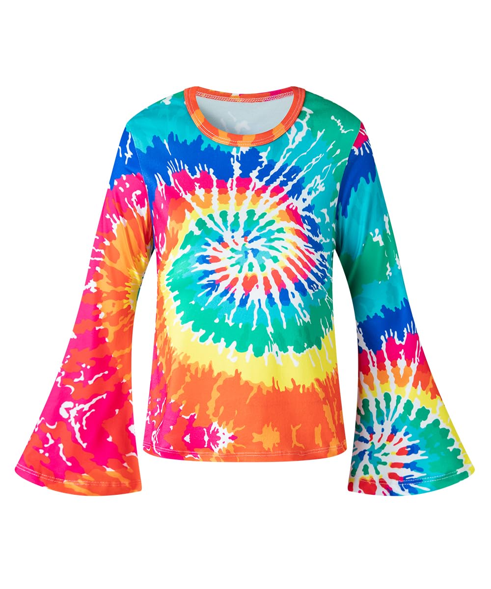 Iwalue 60S 70S Outfits Hippie Kid Girls Costume Set Disco Rainbow Boho Flared Pants Accessories Set(Rainbow,11-12 Years)