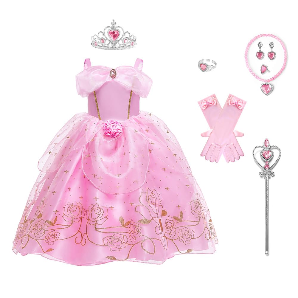 Princess Aurora Costume for Girls Birthday Party Outfit Halloween Cosplay Dress up with Accessories for 7-8