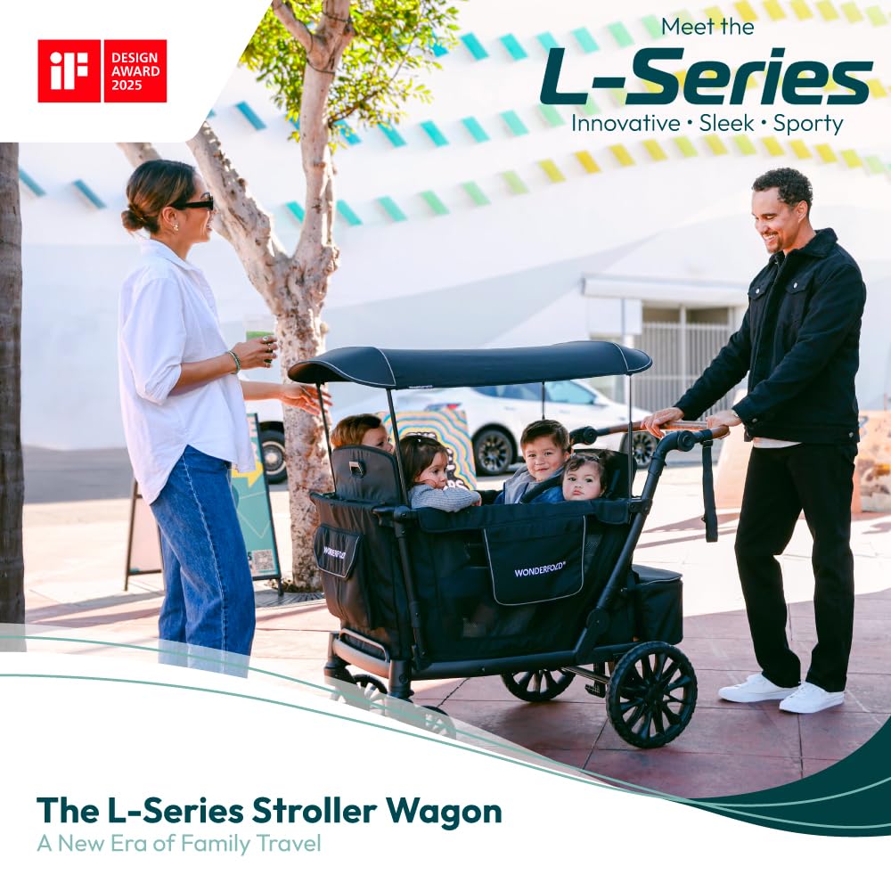 WONDERFOLD L4 Quad Stroller Wagon - 4 Seater, Collapsible, Adjustable UPF50+ Canopy, Gray, Model L4-GRY
