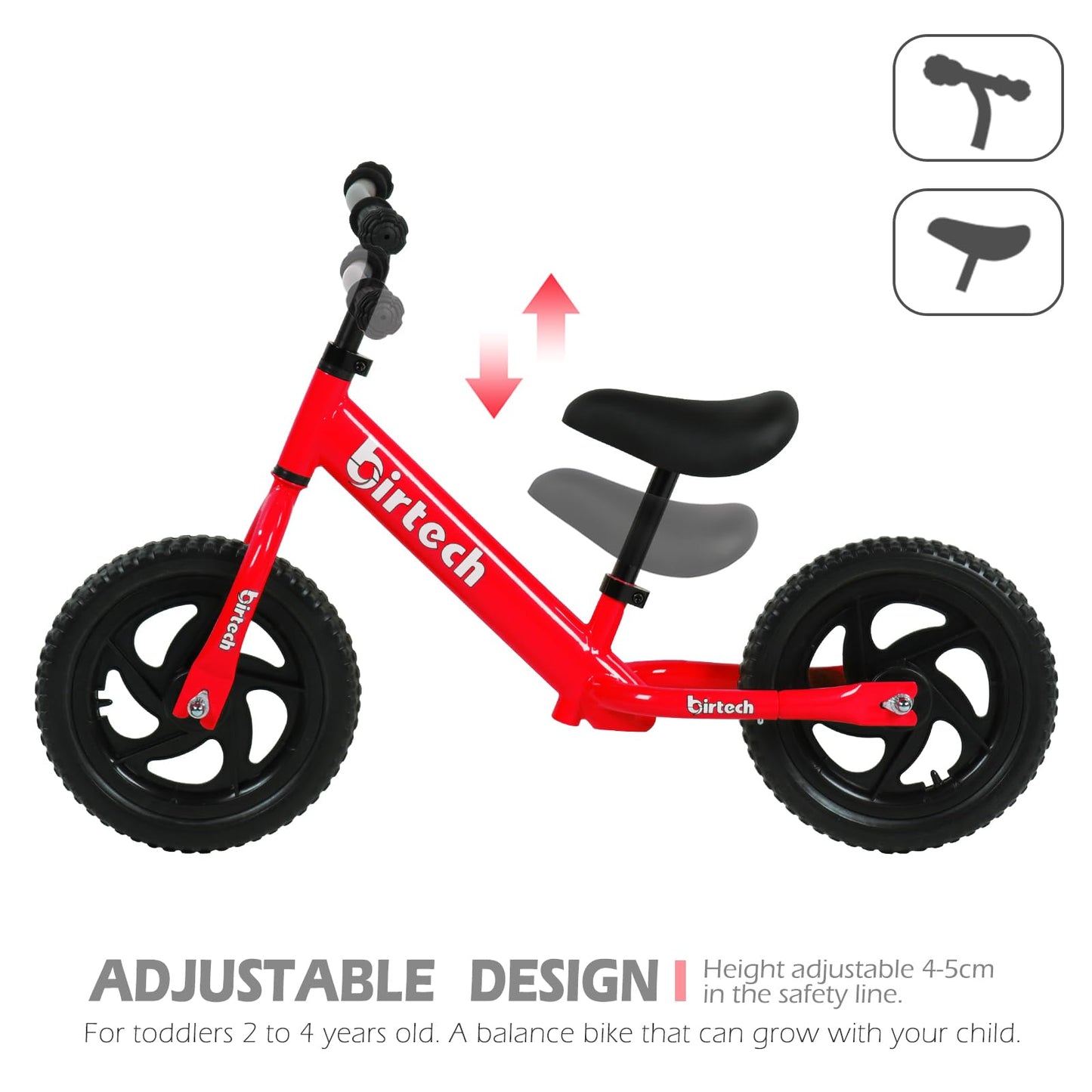 Birtech Balance Bike For 2-5 Years Old Kids 12 Inch Toddler Balance Bike Kids Indoor Outdoor Toys No Pedal Training Bicycle With Adjustable Seat Height, Red