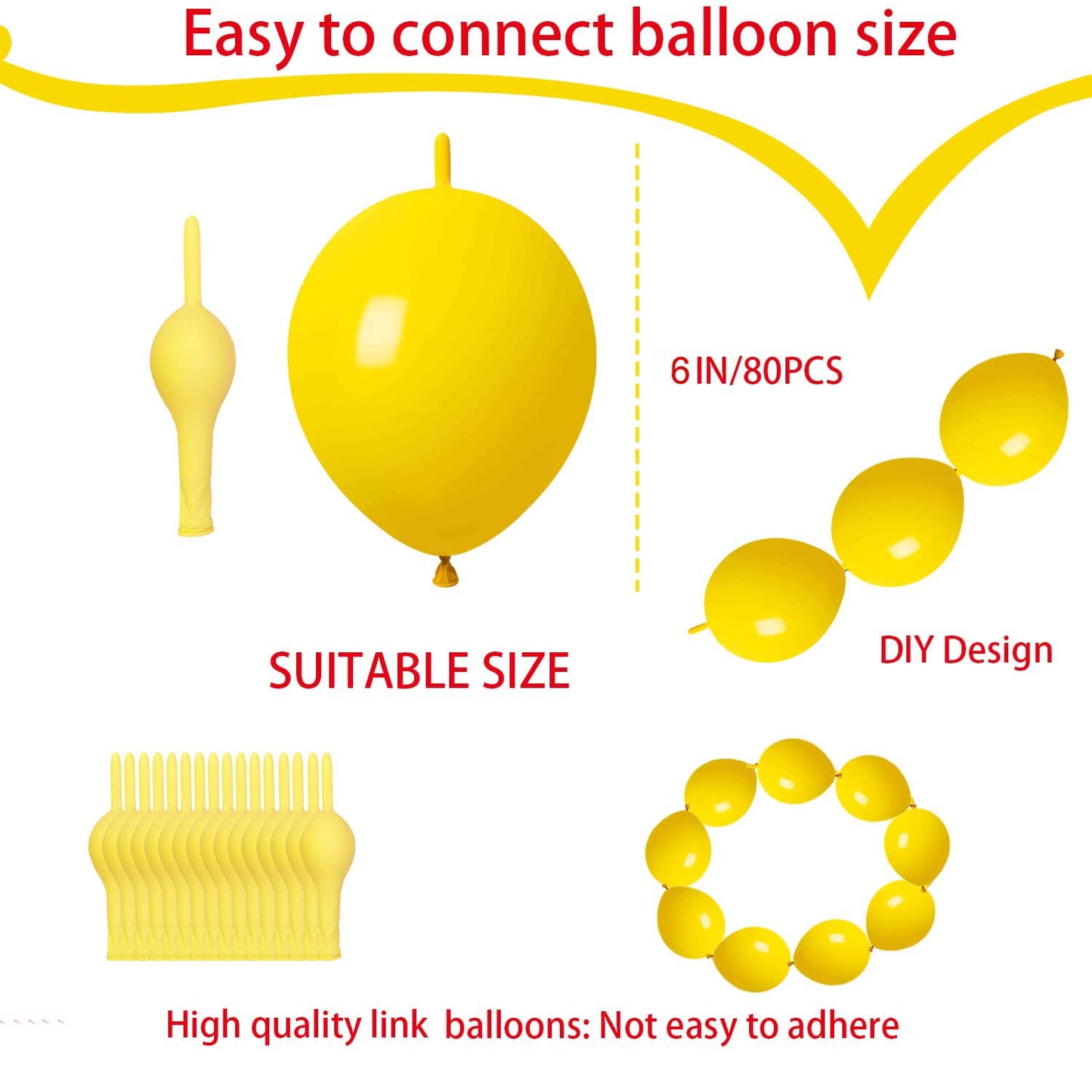 Adido Eva Link Balloons 6 Inch Yellow Latex Quick Linkale Balloon 80 Pcs For Birthday, Halloween, Christmas, Party Festival Deco