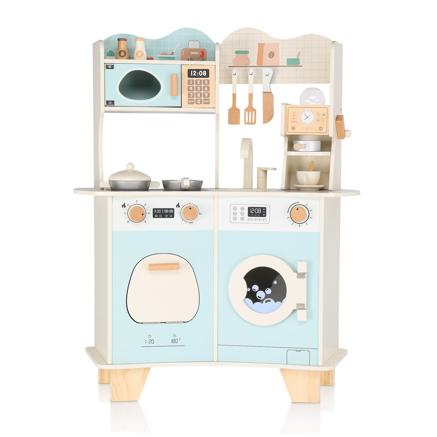 Ktaxon Wooden Play Kitchen For Kids, Pretend Kitchen Playset With Coffee Maker, Toy Washing Machine & Cooking Set Accessories Fo