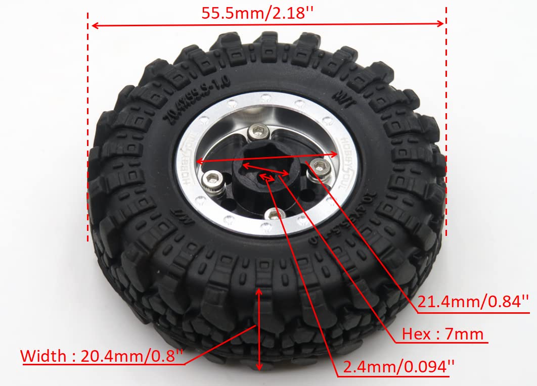 Hobbysoul Adjustable Offset 1.0 Rc Wheels Rims Silver Black & 1/24 Tires, Heavy 1.0 Beadlock Wheels And Tires For 1:24 Rc Crawle