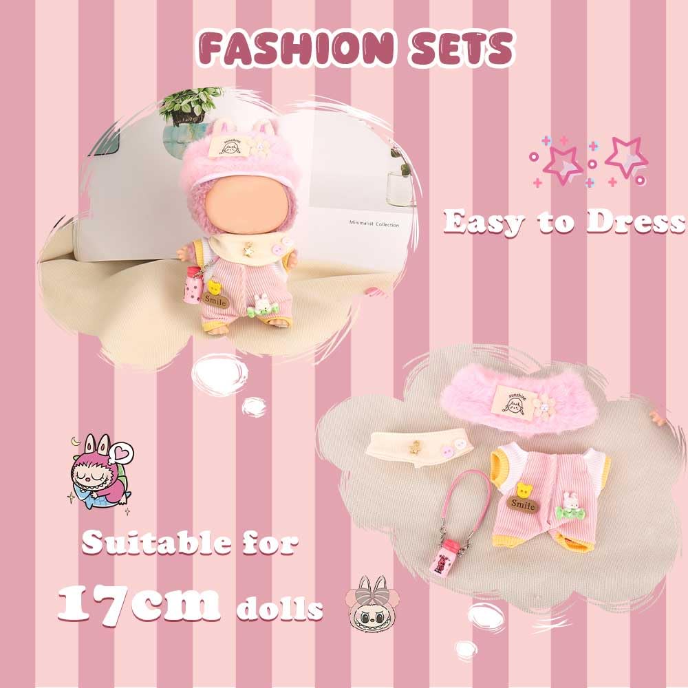 WALLFID Doll Clothes for Labubu   4-Piece Outfit Set for 17cm Dolls   Fashion Outfit with Hat Top Pants & Accessories  Doll Wardrobe Essentials (No Doll) (Sweetie Pink)