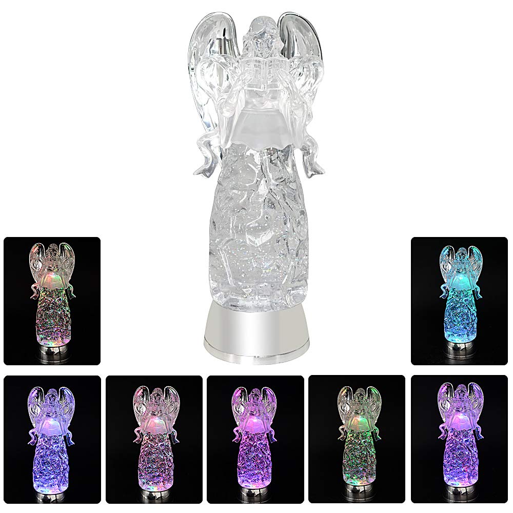 Eldnacele Snow Globe Angel, Lighted Water Glittering Swirling Crystal Angel Statue(Timer), Battery Operated Sparkling Multi-Colo