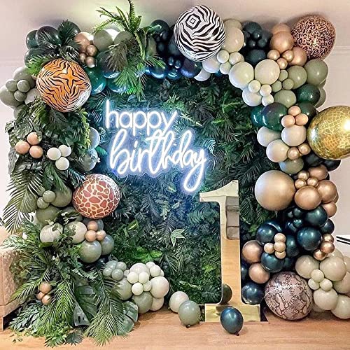 128Pcs Safari Jungle Balloon Garland Arch Kit- Sage Green And Brown Balloons With Animal Print For Wild One Tropical Theme Party