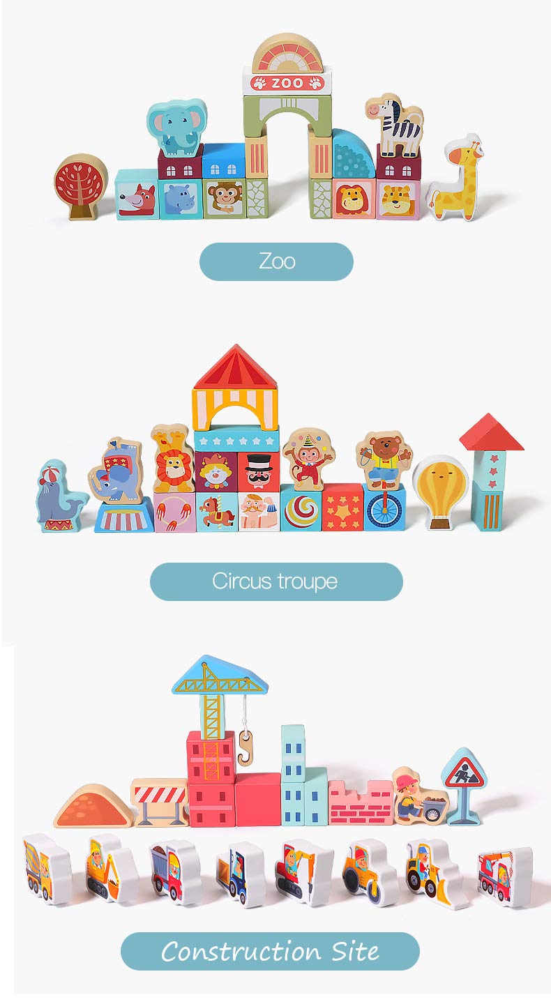 Moderngenic 181Pcs 'Streetscape' Wooden Building Block Set For Toddlers, Jigsaw Puzzle City Map, 11 Buildings (3 Extra Bonus: Circus, Zoo & Construction Site), Preschool Learning Educational Toys