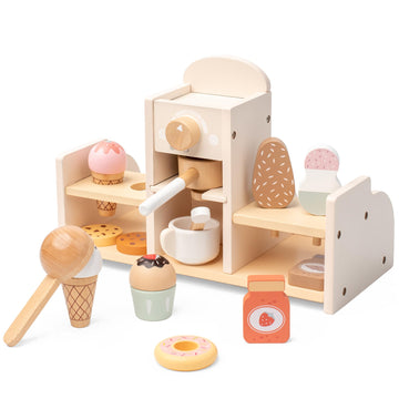 Wooden Ice Cream and Coffee Play Set for Kids, Pretend Play Toy Ice Cream Shop & Coffee Maker for Toddlers Ages 3-5, for Boys & 