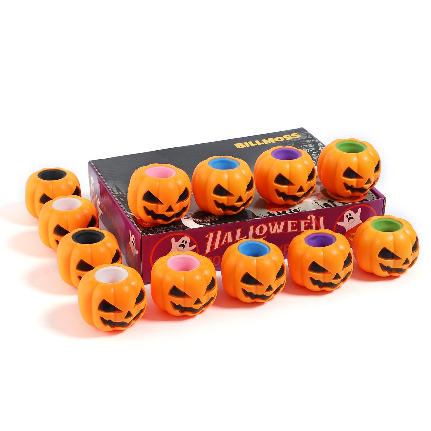 BILLMOSS Halloween Pumpkin Squishy Toys - 12PCS 6 Colors Stress Relief Ghost Toy for Trick or Treat Party Suppliers Party Favors