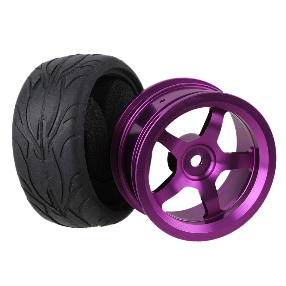 Mxfans Black Scale Pattern Rubber Tyre and Purple Alloy Wheel Rims with 5 Spoke for RC 1:10 On-Road Racing Car Pack of 4