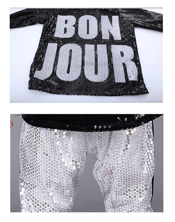 Lolanta Kids Dance Costume Boys Girls Sequins Hip Hop Clothes 80S 90S Outfits Shiny Dress Up Dancewear(Silver,12-14)