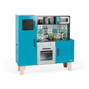 Janod Lagoon Maxi Cooker Aqua 34    Tall Wooden Kitchen Play Set with 15 Accessories - Ages 3+ - J06555
