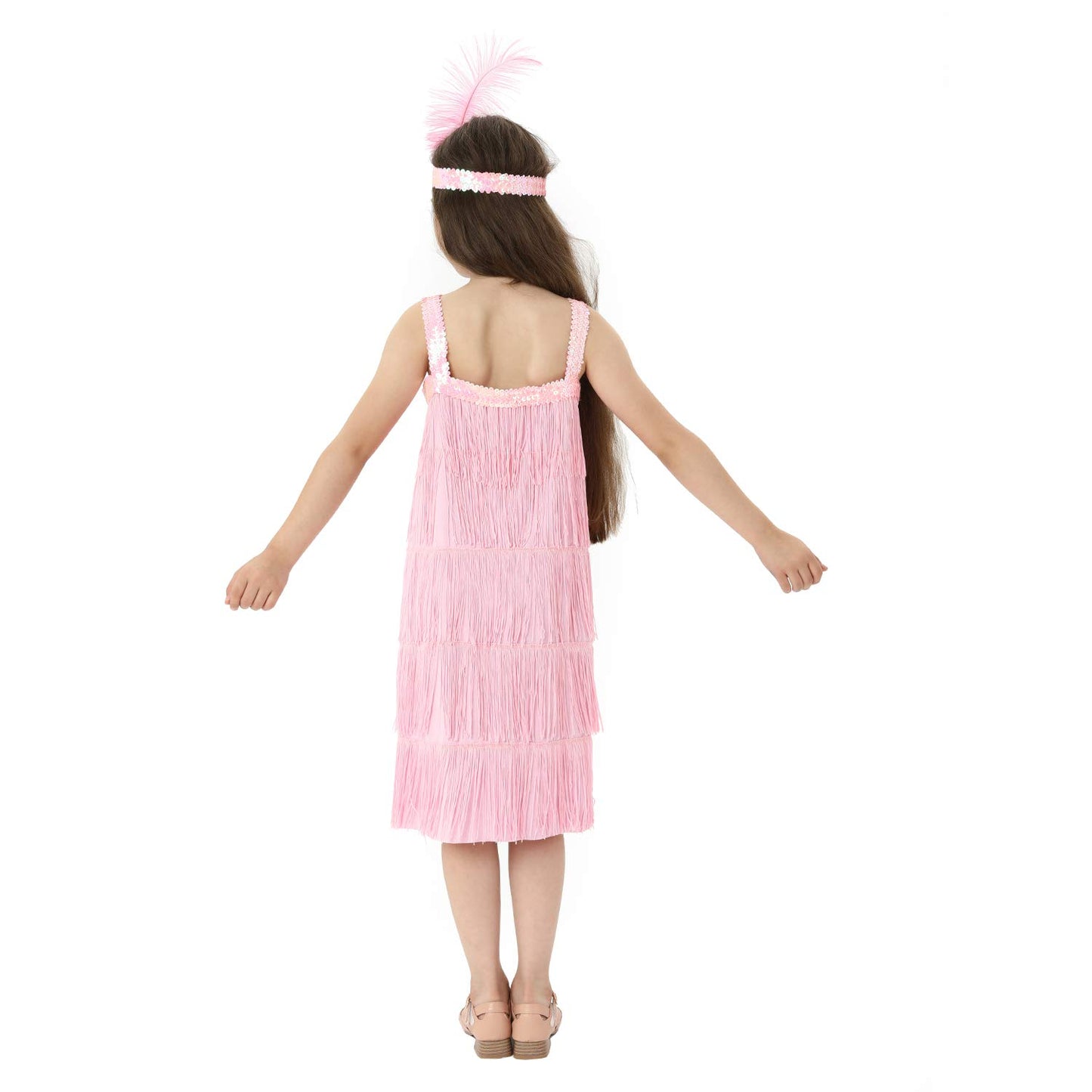 Leadtex Girl 'S 20S Flapper Dresses Costume Dress Childrens Party Fringed Dresses With Feather Headband,Size L(10-12,Pink