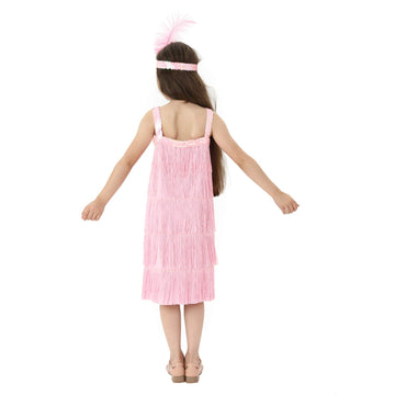 Leadtex Girl 'S 20S Flapper Dresses Costume Dress Childrens Party Fringed Dresses With Feather Headband,Size L(10-12,Pink