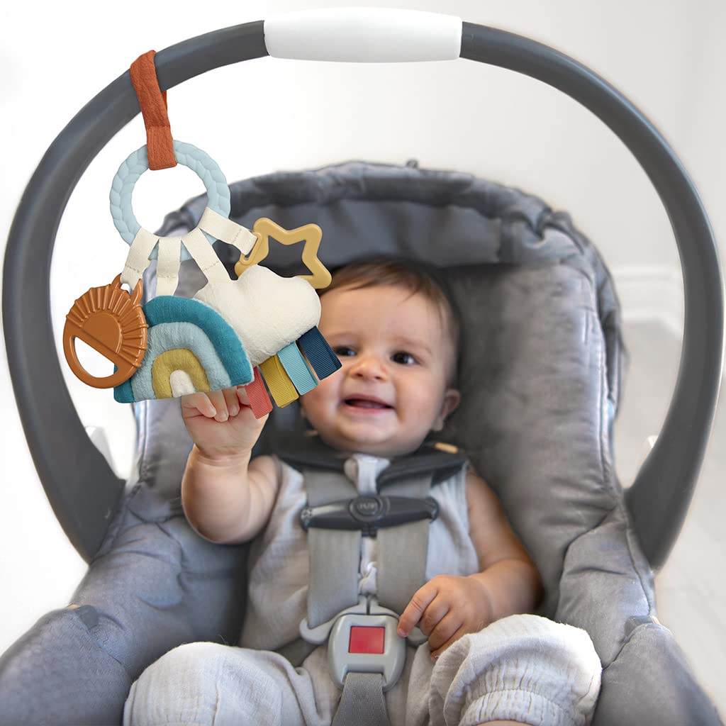 Itzy Ritzy Teething Activity Toy - Bitzy Busy Ring Infant Teething Toy Features Braided Ring & Dangling Toys, Includes Teether, Textured Ribbons, Crinkle Sound & Jingle Bell - 0 Months & Up (Rainbow)
