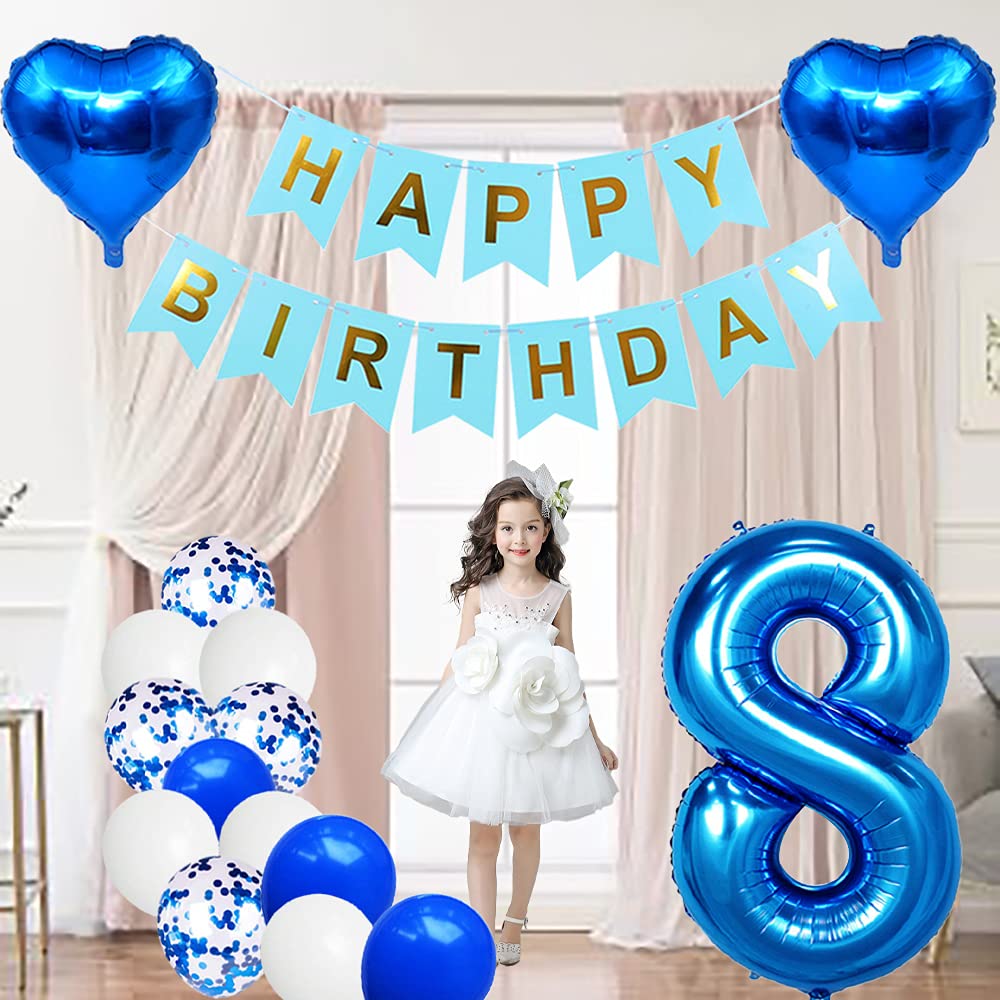Huture 8 Birthday Party Supplies Blue Number 8 Foil Balloon Happy Birthday Banner Kit 8Th Birthday Decoration White Blue Latex C
