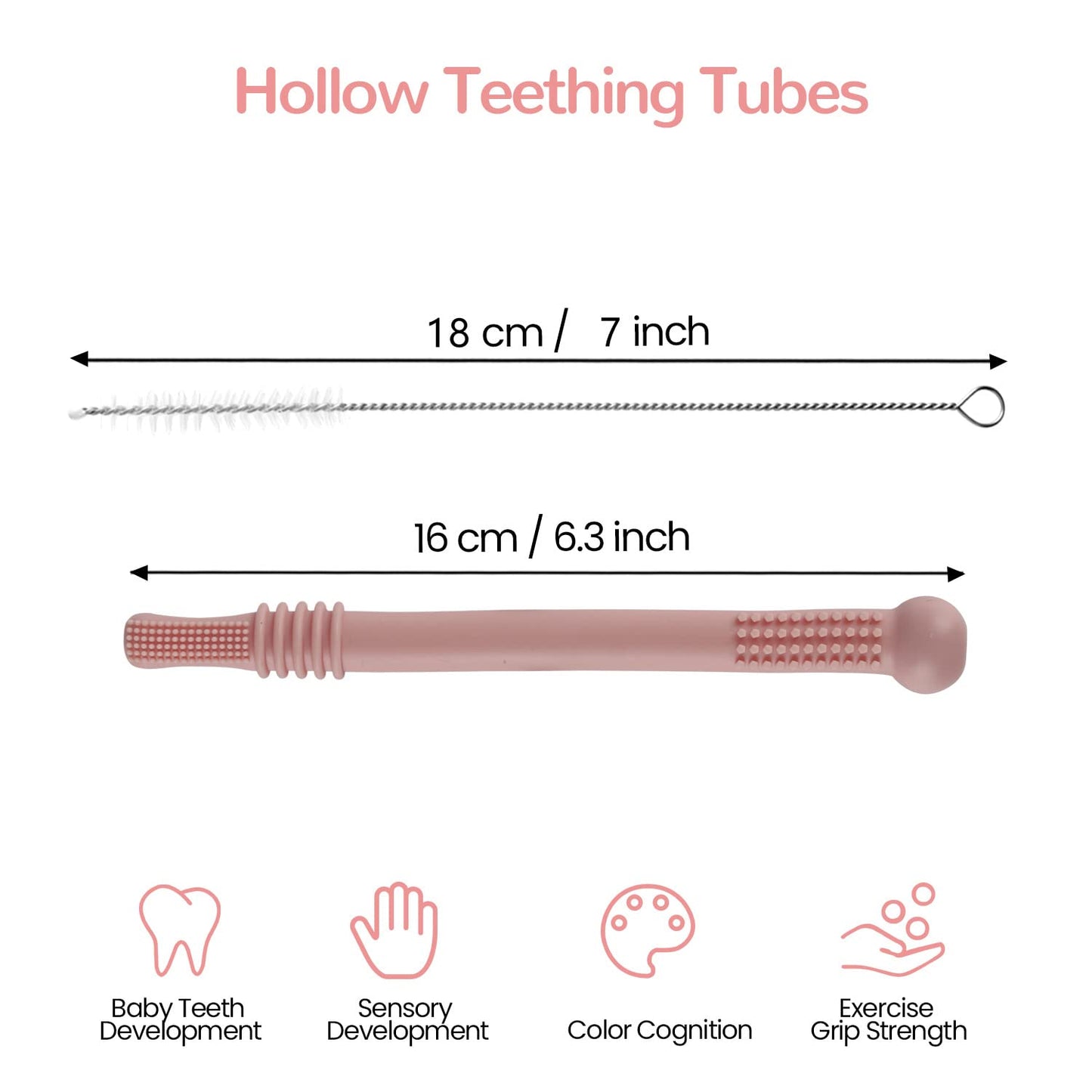 Fu Store Hollow Teether Tube - 6 Pack Silicone Chew Straw Toys for Infants, BPA Free, Multicolor, Safe for Freezing and Dishwashing