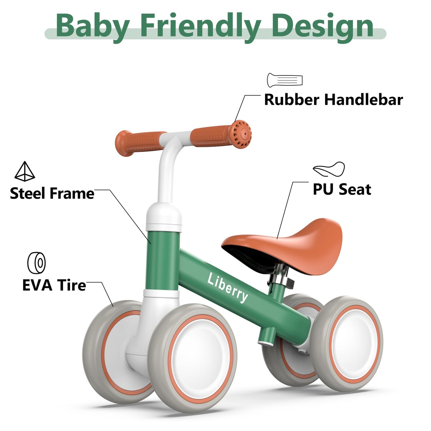 Liberry Baby Balance Bike For 1 2 3 Year Old Boys Girls, 4 Wheels Toddler Balance Bike With Adjustable Seat, Infant'S First Birthday Gift (Green)
