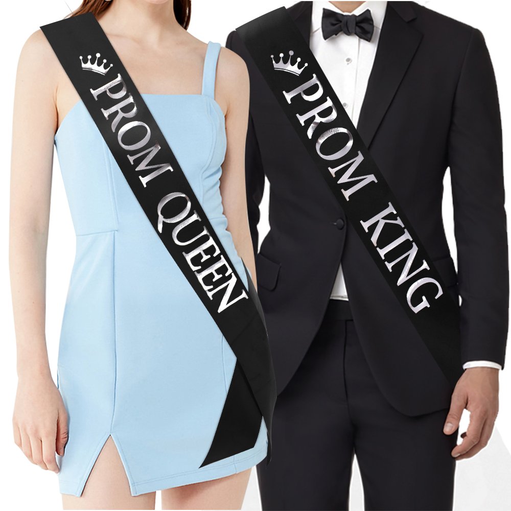 Prom King and Prom Queen Sashes - Graduation Party School Party Accessories, Black with Silver Print