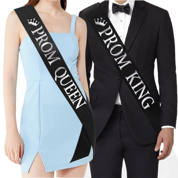 Prom King and Prom Queen Sashes - Graduation Party School Party Accessories, Black with Silver Print