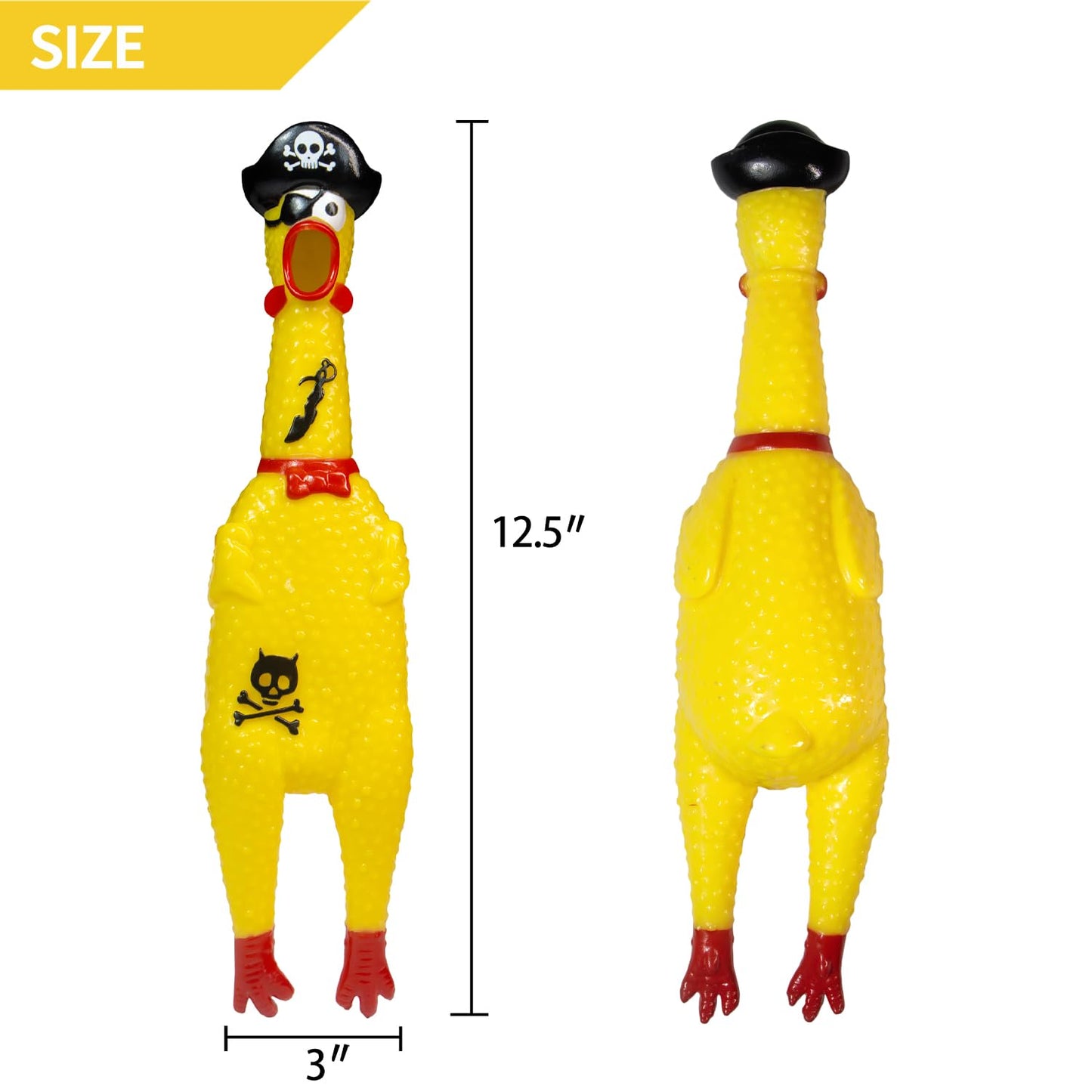 Novelty Place Squawking Pirate Chicken Dog Toys - 12.5 Inches Yellow Rubber Squeeze Squeaky and Screaming Chicken for Pets or Kids