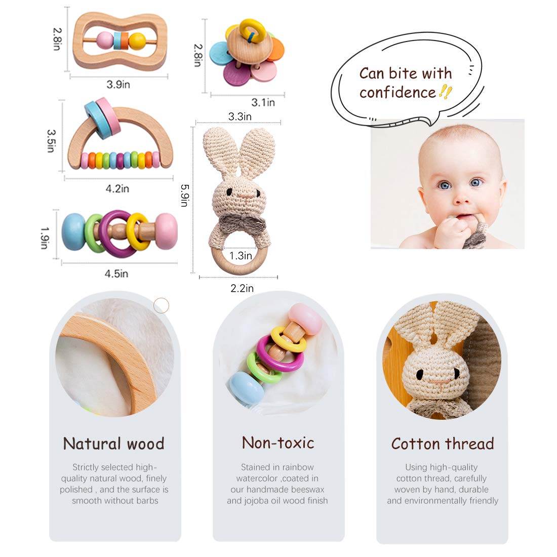 Wooden Baby Rattle Toys 5 Pcs Rattle Set For Babies 0-6-12 Months Bunny Crochet Rattle Ring With Gift Box Wooden Montessori Toy For Newborn Infant Baby