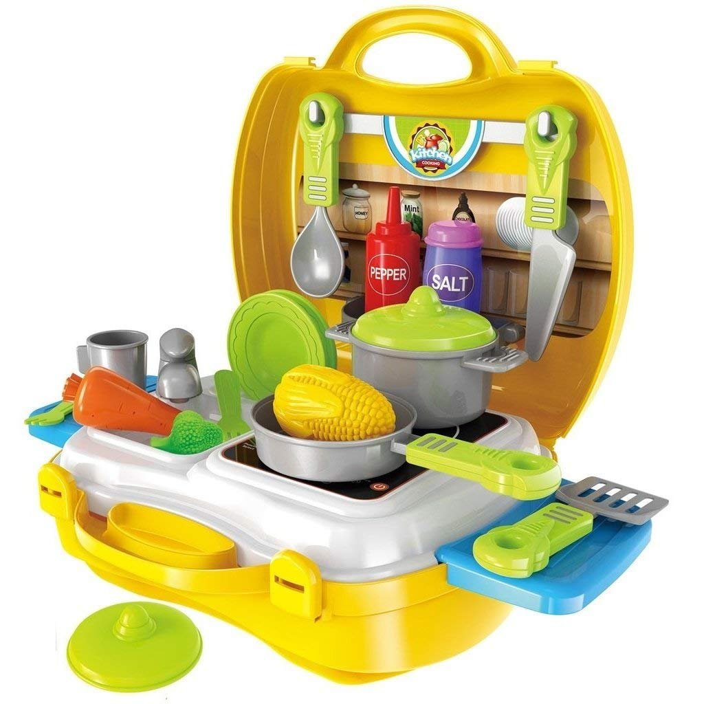 Authfort Attractive Dream Kitchen Set Cooking Suitcase Pretend Play Toys for Kids, Yellow