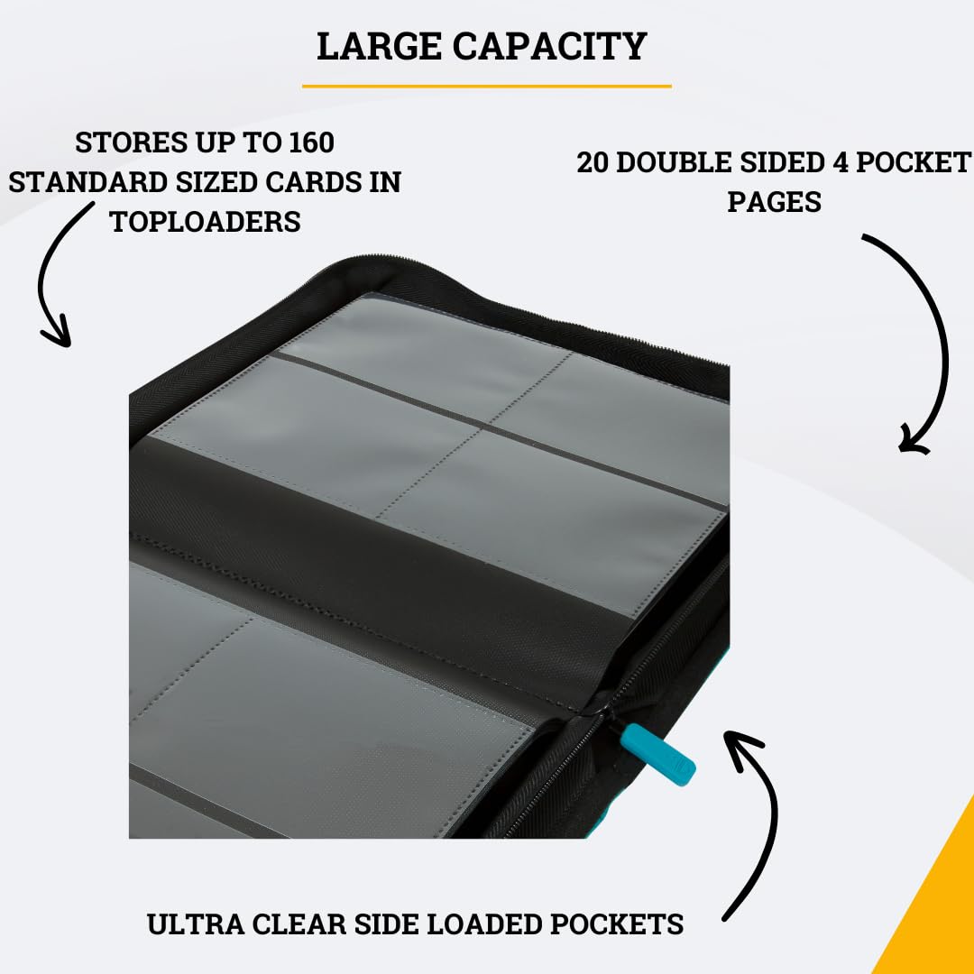 Card Guardian - Toploader 4 Pocket enhanced Binder with Zipper for 160 Cards - Side Loaded Pockets - Compatible with Sports and Trading Cards TCG (Teal)
