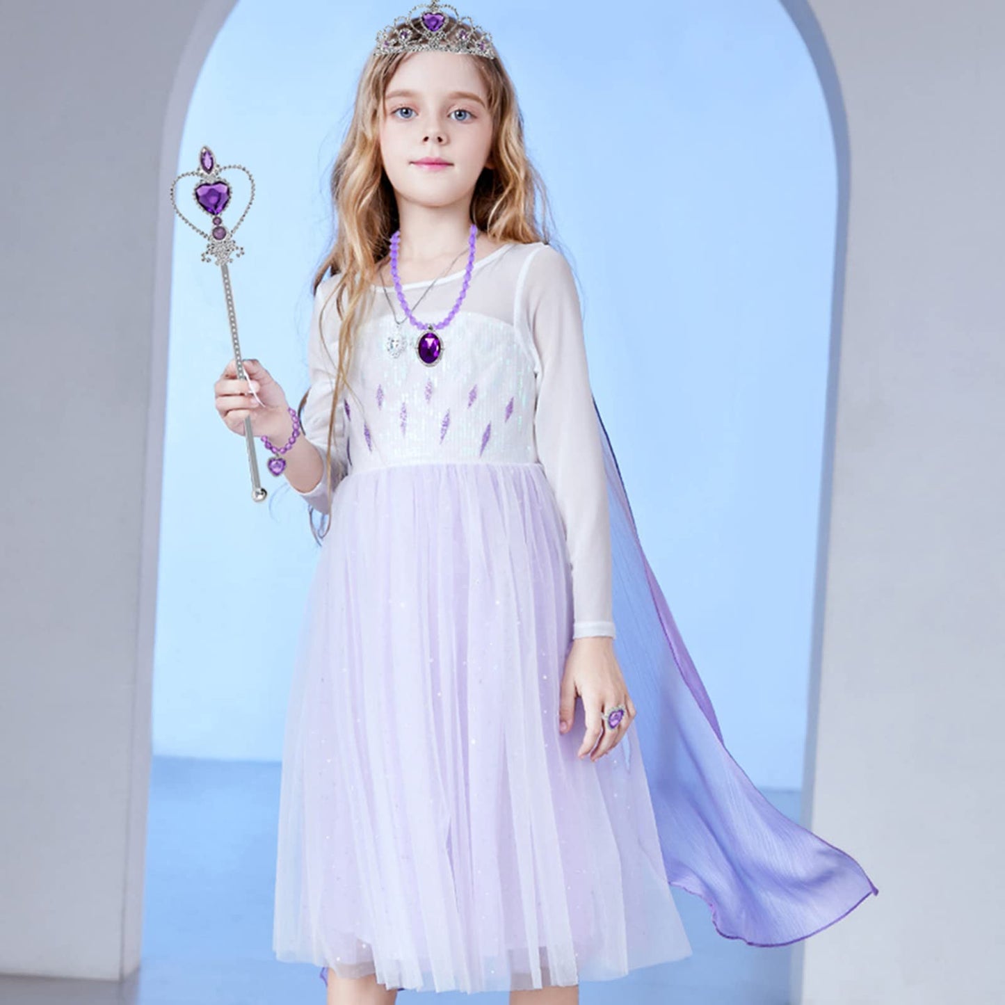 Princess Rapunzel Wig Rapunzel Braid Cosplay Long Hair Wig With Braid Gloves Necklace Dress Up Accessories For Girls (Purple1)