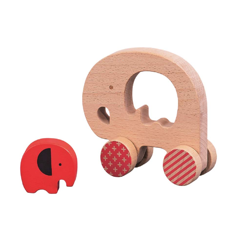 Petit Collage Elephant And Baby Wooden Push Toy – Cute Wooden Rolling Toy Ideal For Ages 12 Months And Older – Active Toy Encourages Movement, Makes A Great Gift